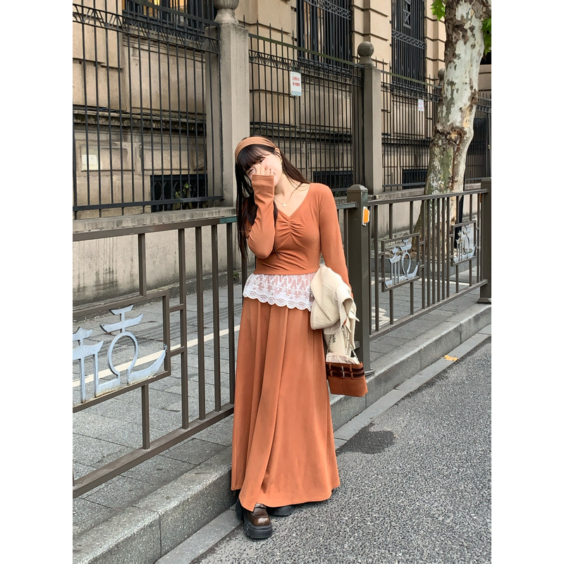 【现货】米米子“南瓜司康”南瓜色磨毛拼接蕾丝显瘦针织长裙两件套