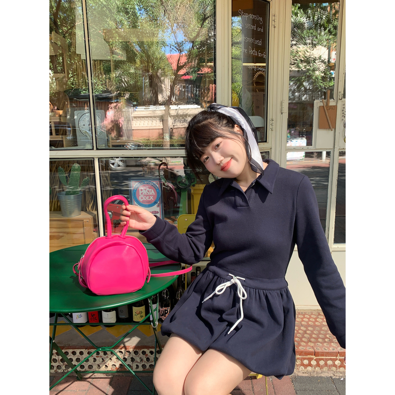 【现货】米米子“格恩学院”藏青色polo领抽绳泡泡裙摆连衣裙秋季新款