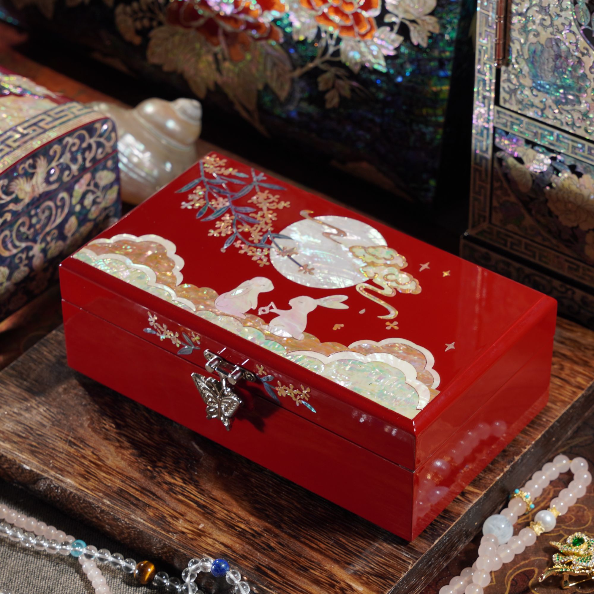 月兔东升三金盒螺钿漆器首饰盒高档实木结婚礼物新婚陪嫁礼品收纳