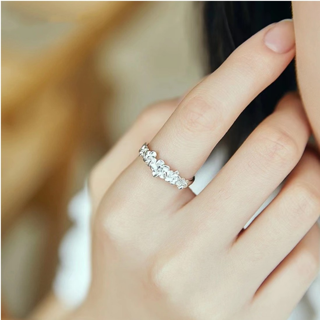 足银戒指 【樱花戒指】足银990 花开富贵开口调节戒指气质百搭精美