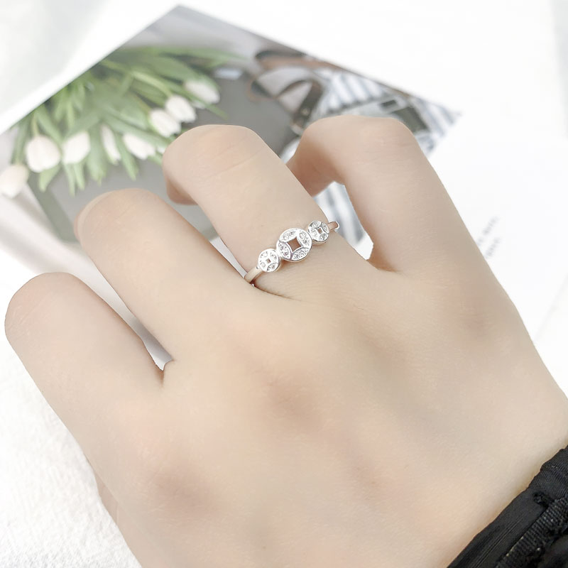 足银戒指 足银合成锆石戒指 戒指女招财聚财钱币个性设计