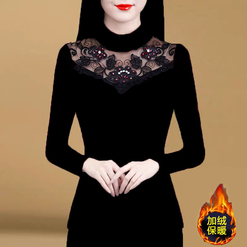 半高领加绒打底衫女长袖秋冬黑色网纱t恤镂空蕾丝加厚保暖小衫衣