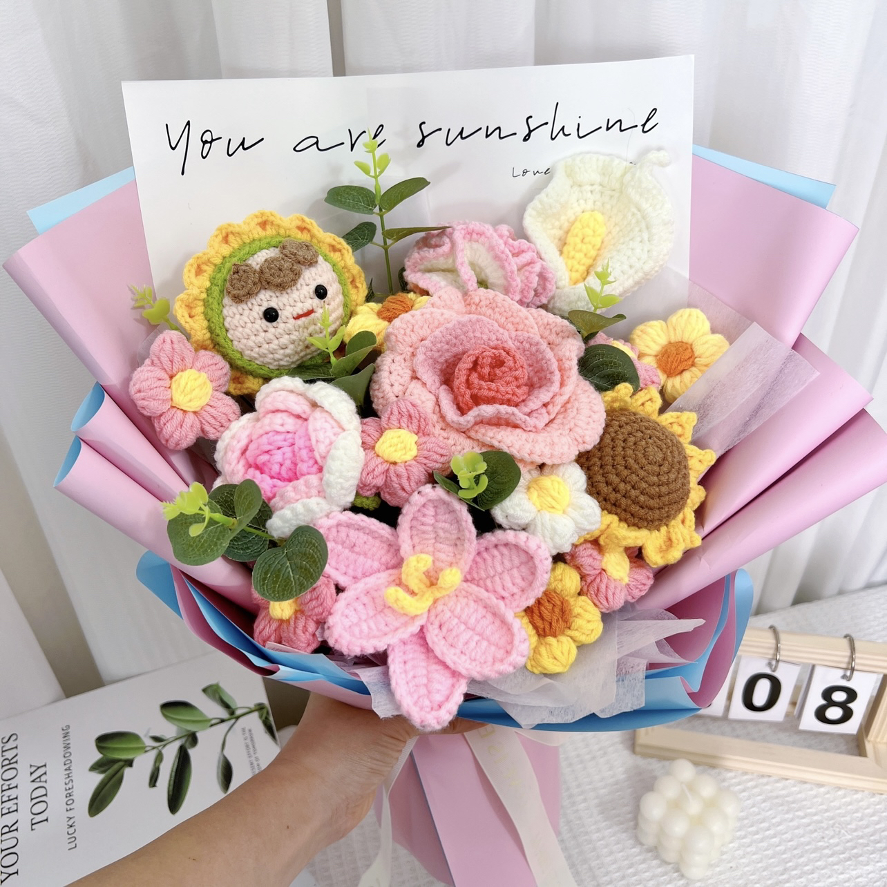 纯手工毛线花束向日葵康乃馨郁金香玫瑰送闺蜜生宝仪式感礼物