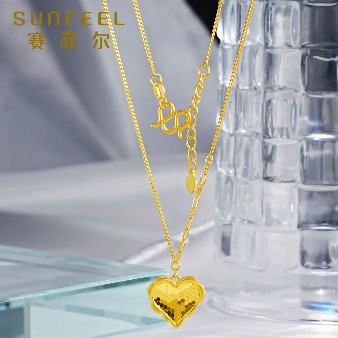 SUNFEEL/赛菲尔足金999黄金5G鱼鳞爱心黄金套链清新款430022