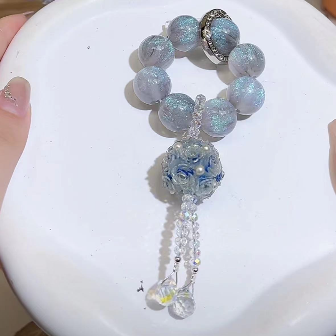 DIY手作新款灰蓝色系花球锆链Z7B-093手机链