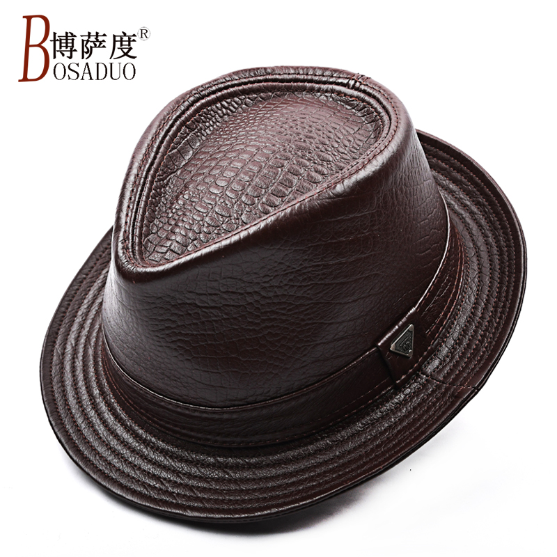 春秋新款牛皮礼帽男士户外绅士帽中老年爸爸爵士帽真皮帽子冬季