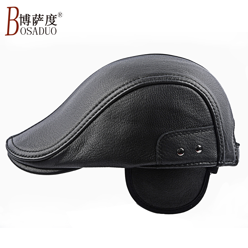 真皮帽子秋冬天中老年护耳加绒加厚保暖前进帽老人户外鸭舌帽男士