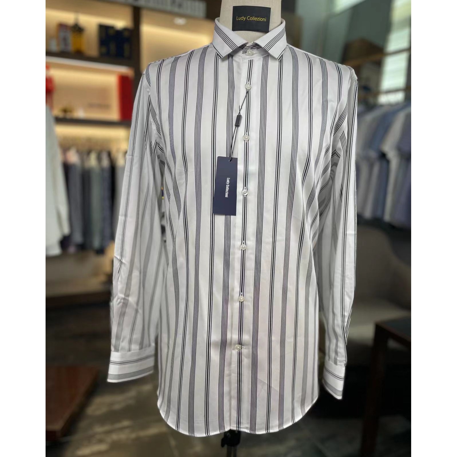 LudyCollezioni1001男士长袖时尚潮流衬衫秋季休闲竖条纹白色百搭