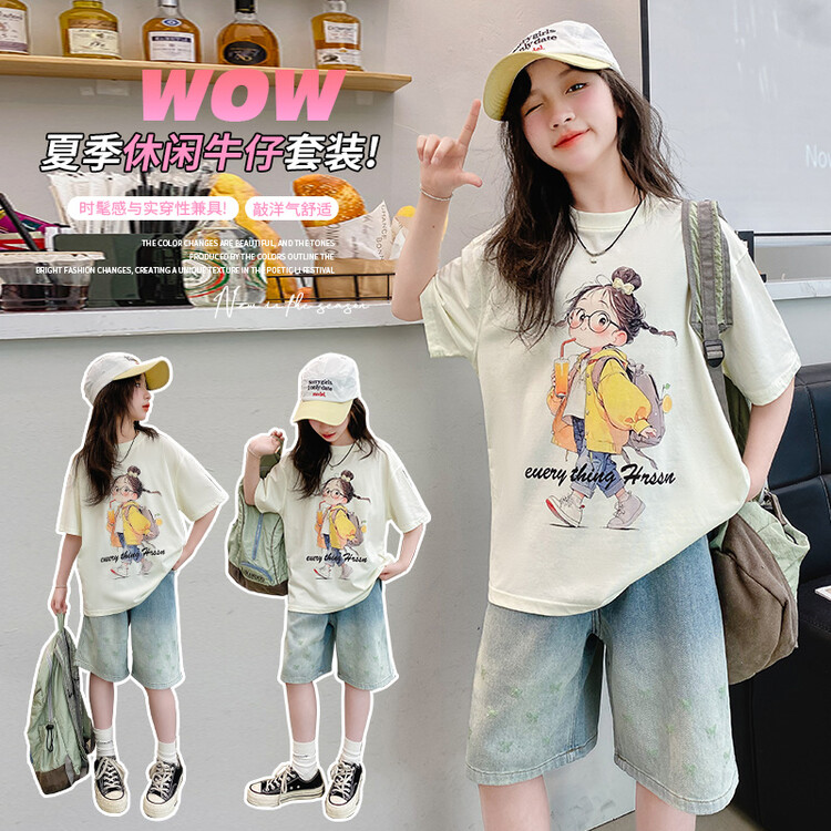 女童夏季牛仔中裤两件套2025新款宽松韩版中大童短袖T恤休闲套装