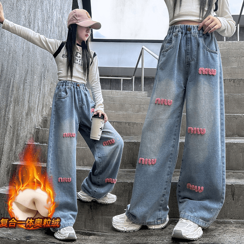 女童加绒牛仔裤秋冬新款洋气时髦毛巾绣印花宽松阔腿裤韩系时尚潮