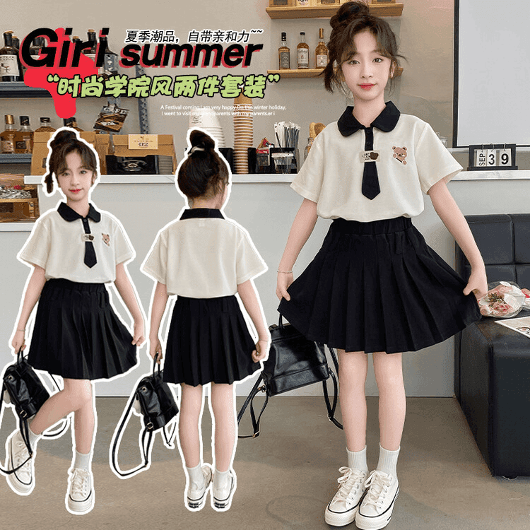 童装女童夏季短袖polo衫T恤学院风套装中大童休闲校园风夏款