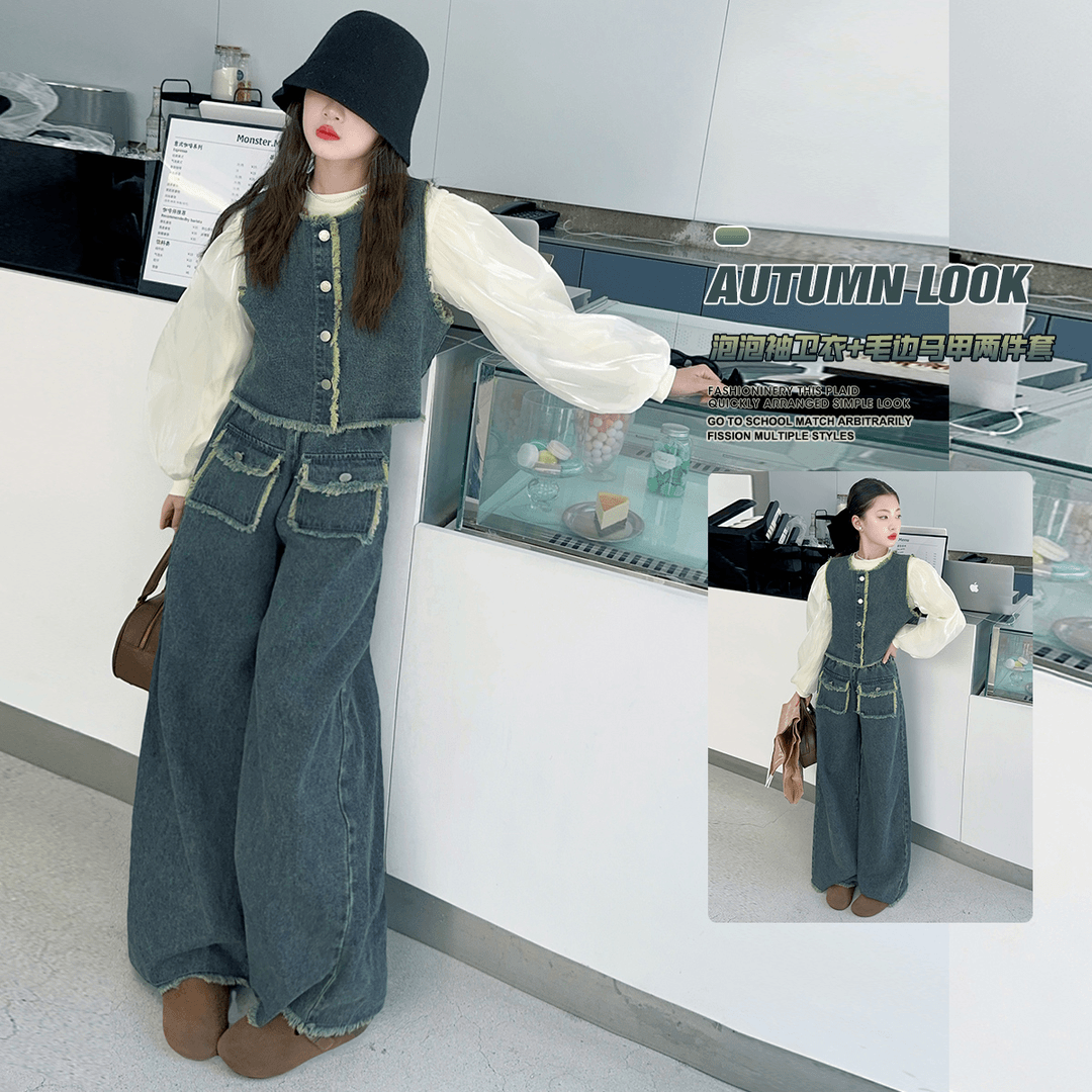 2025春秋新款女大童时尚泡泡纱袖卫衣牛仔三件套女童中大童套装潮