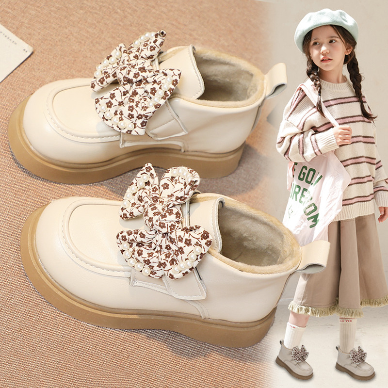 乔丹女童小皮鞋2023冬季新款儿童蝴蝶结洋气公主鞋女孩加绒保暖二