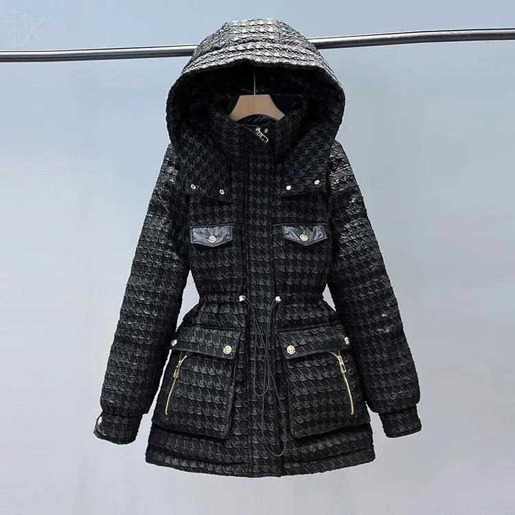 冬装精选小香风羽绒棉服女中长款2023年冬新款小个子收腰连帽羽绒