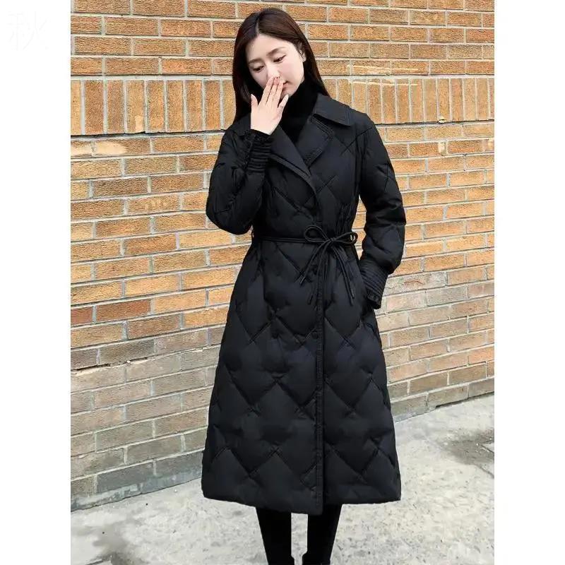 冬装精选23新款女装冬西装领黑色棉服女中长款收腰修身气质外套显