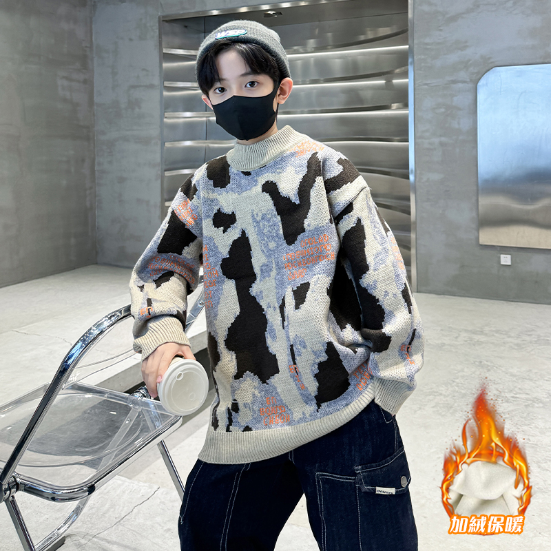 童装男童冬装加绒毛衣2023新款中大童儿童秋冬款针织衫男孩冬季潮