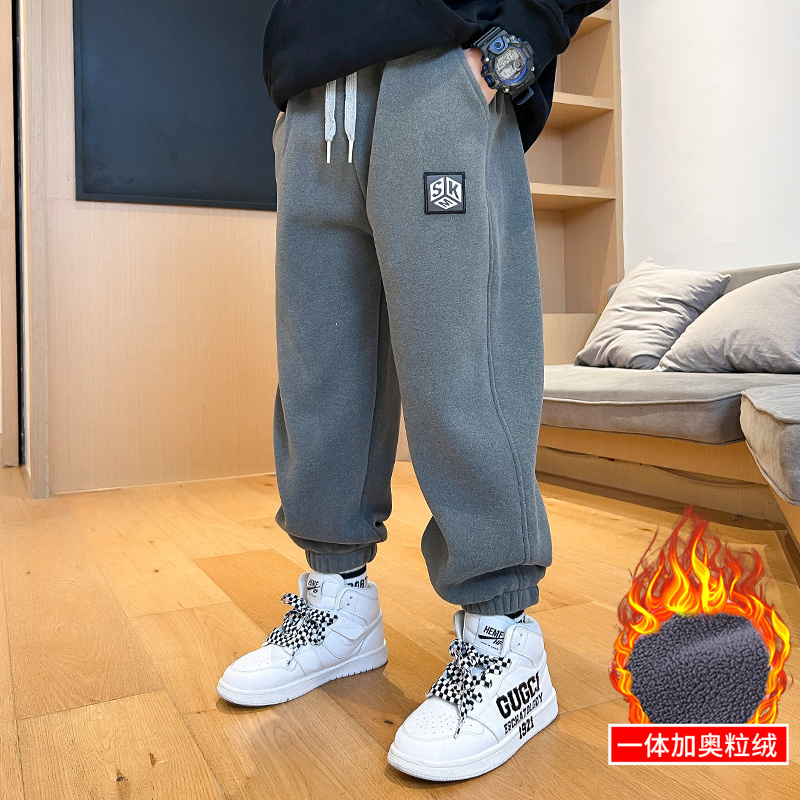 儿童装男童加绒裤子2023新款秋冬款一体大童加厚冬季运动保暖棉裤