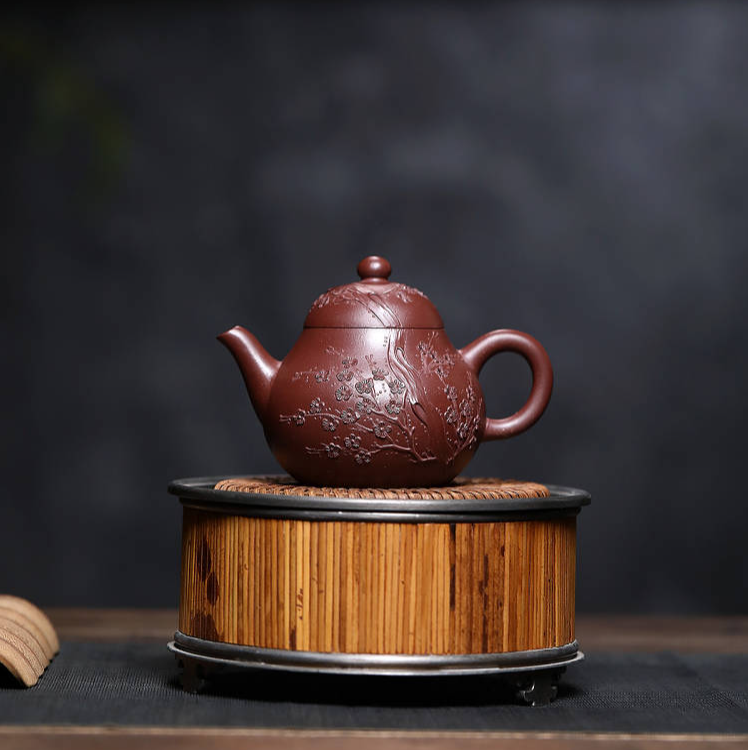 宜兴紫砂壶纯手工出水暴爽断水利落手工堆绘紫泥龙血砂梨形壶