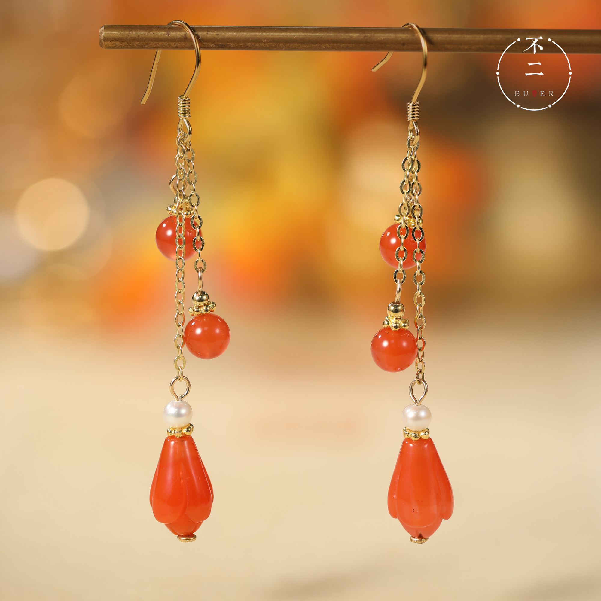 【不二珠宝】南红耳环银镶耳坠时尚百搭设计款耳挂长款首饰AC1836