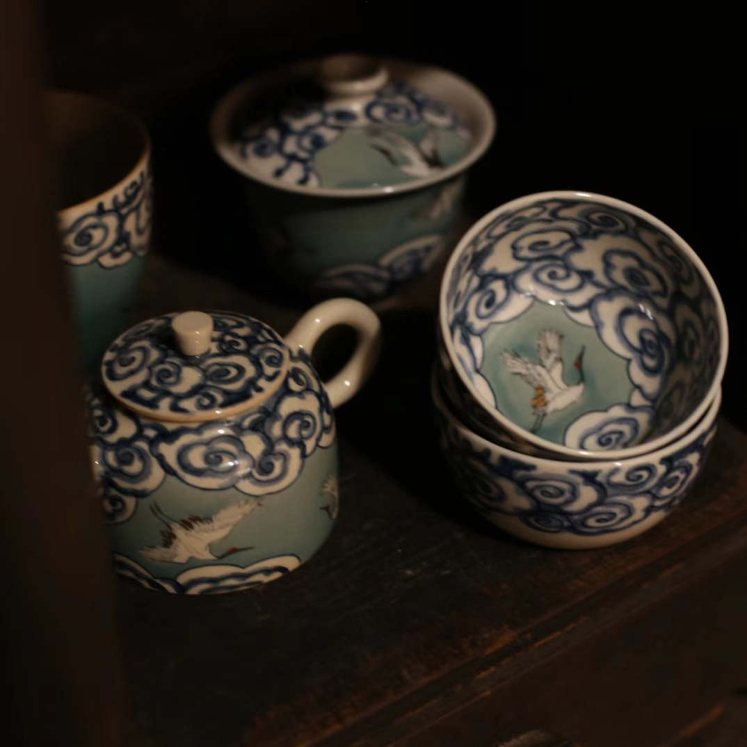 景德镇陶瓷茶具仙鹤盖碗复古中式功夫茶具主人杯