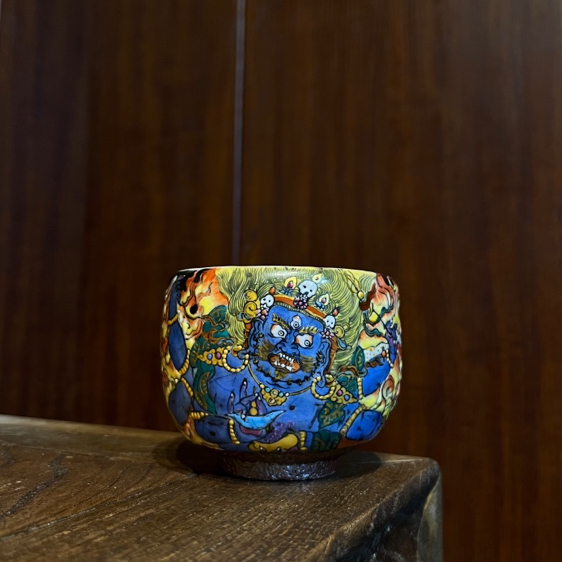 唐卡绘画系列作品柴窑禅定杯蓝色茶杯茶具主人杯纯手工柴烧手绘