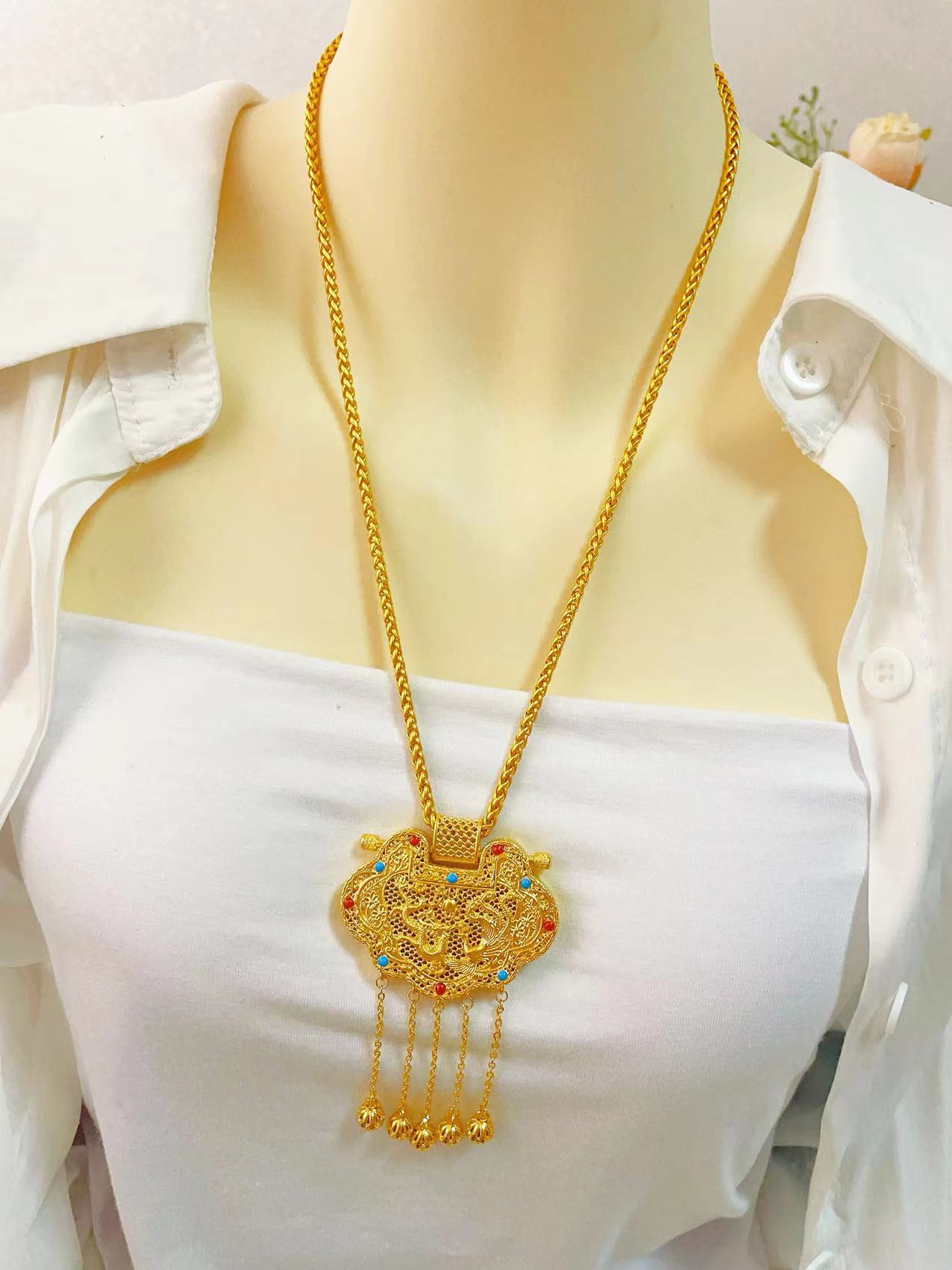 合金布艺项链 加大号彩色天子门生项链毛衣链，国风系列锁包雅丹