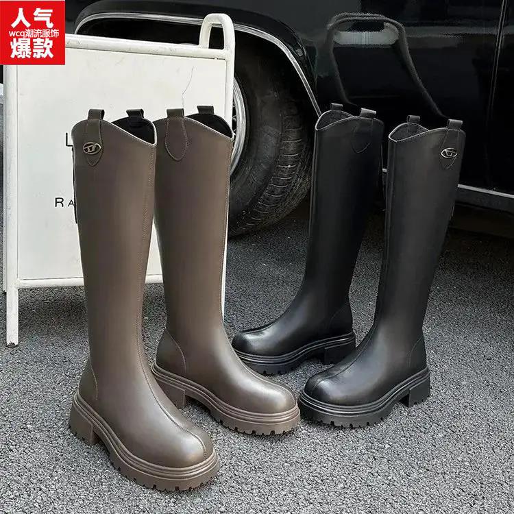 加绒秋冬时尚百搭骑士靴女 2023冬季新款时装不过膝V囗潮流英