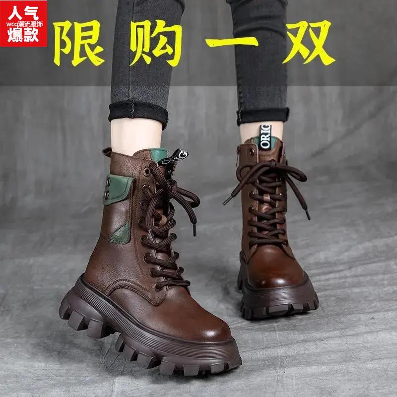 时尚百搭系带复古马丁靴女2023春秋新款高帮单靴皮带扣松糕底