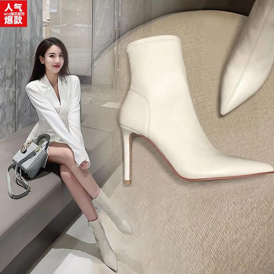 网红裸靴时尚气质百搭白色短靴女高跟马丁2023细跟瘦瘦靴尖头弹力