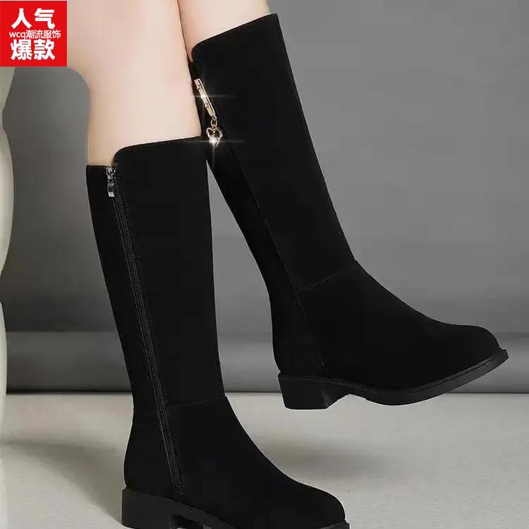 磨砂平绒中筒靴女2023新款秋冬百搭时尚粗跟靴子女保暖加