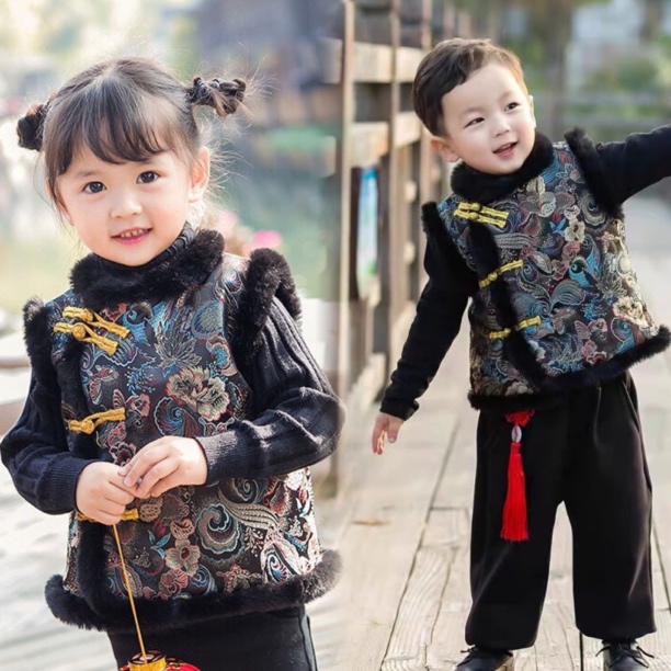 男女童装礼服中国风儿童加绒棉坎肩过年马甲唐装服宝宝背心汉服男