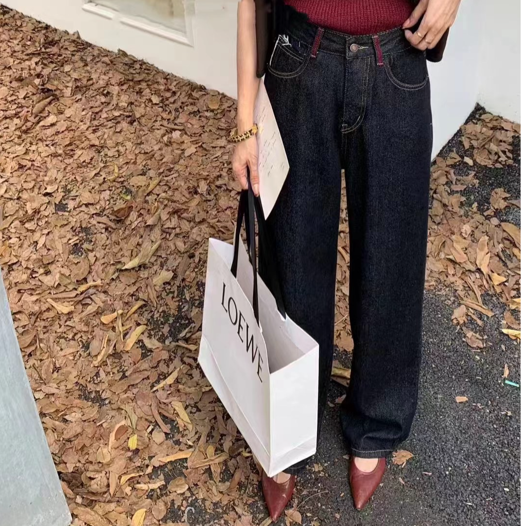 【喜桃】YWL7261黑金撞色窄版阔腿裤厚牛仔裤女款爆款2024新款正品