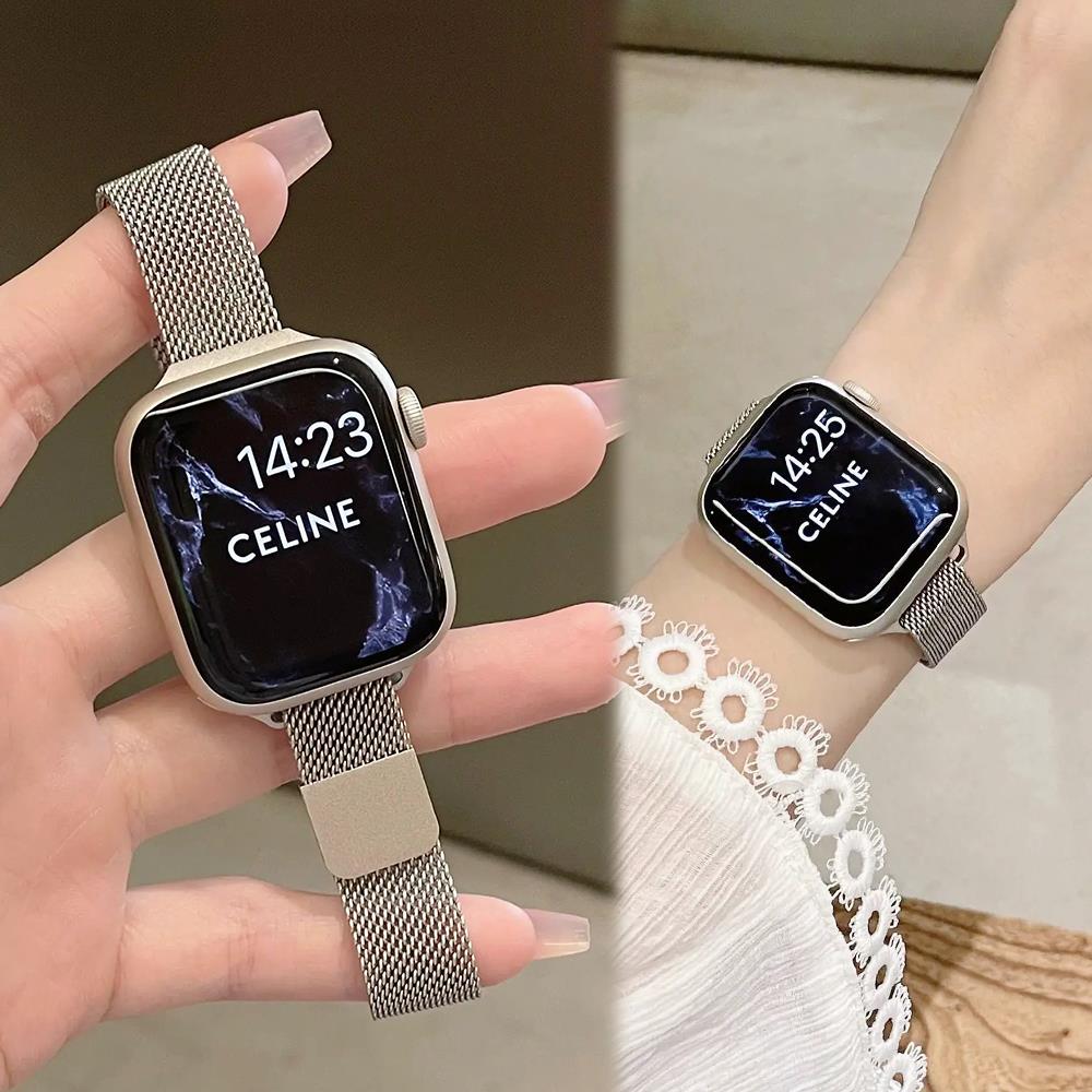 applewatchs8苹果手表表带细款金属米兰星光色iwatch76代S9夏天女