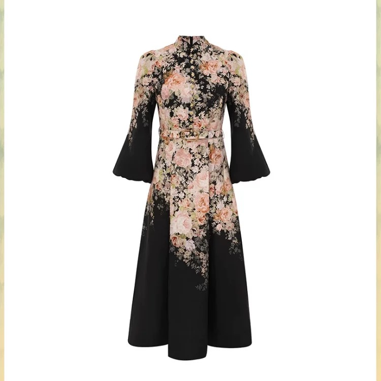 2025澳洲秋季新款立领奶油粉花朵灯笼袖连衣裙气质时尚印花修身