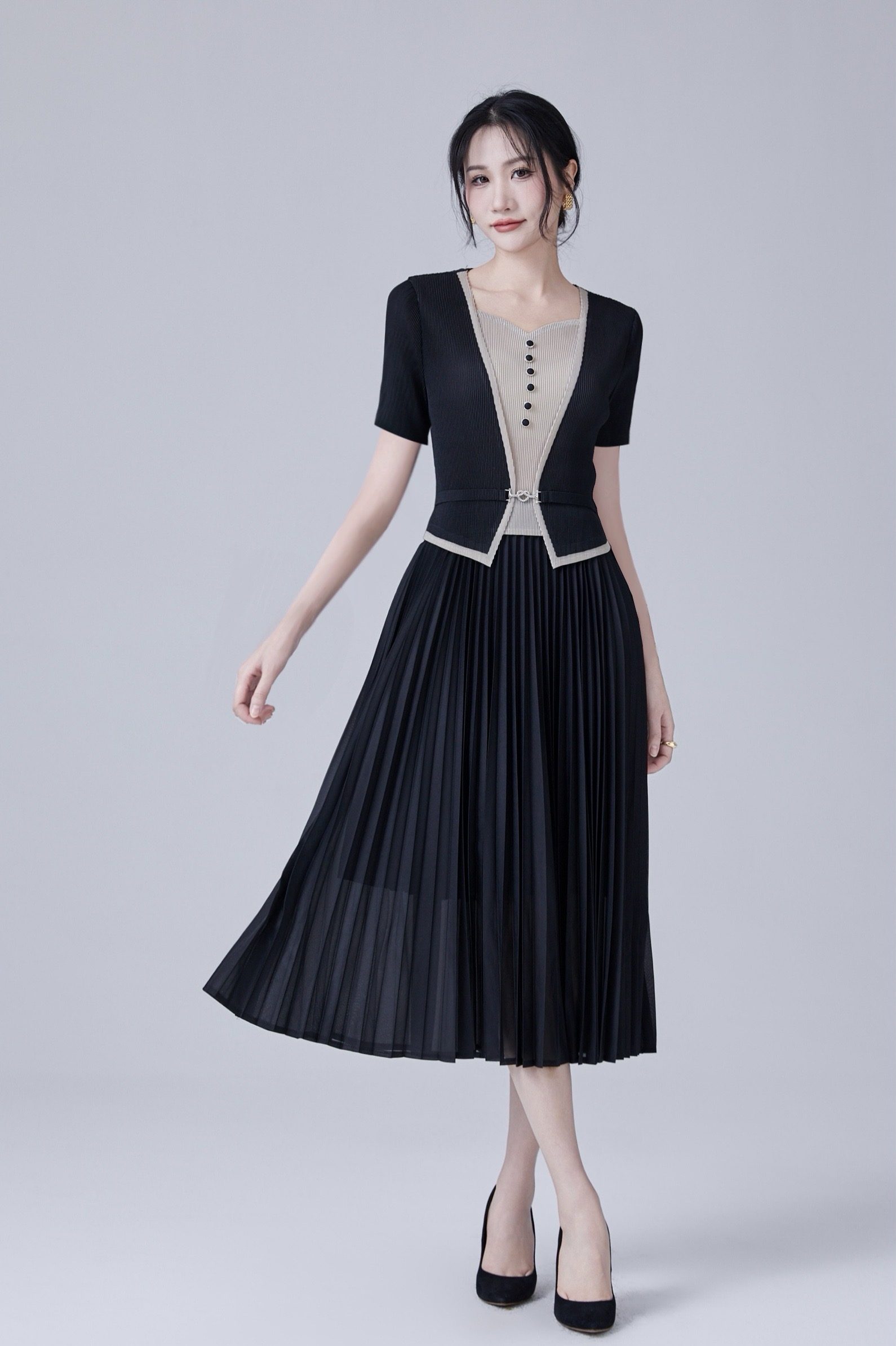 【文文家】SK234轻奢女装#&锈红色一字领假两件连衣裙