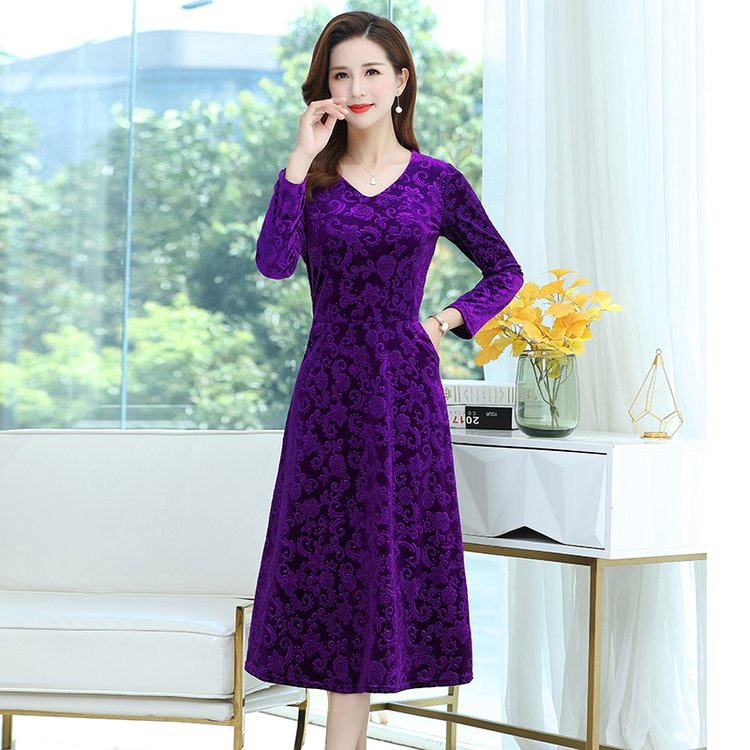 春秋款压花大码连衣裙时尚洋气妈妈装