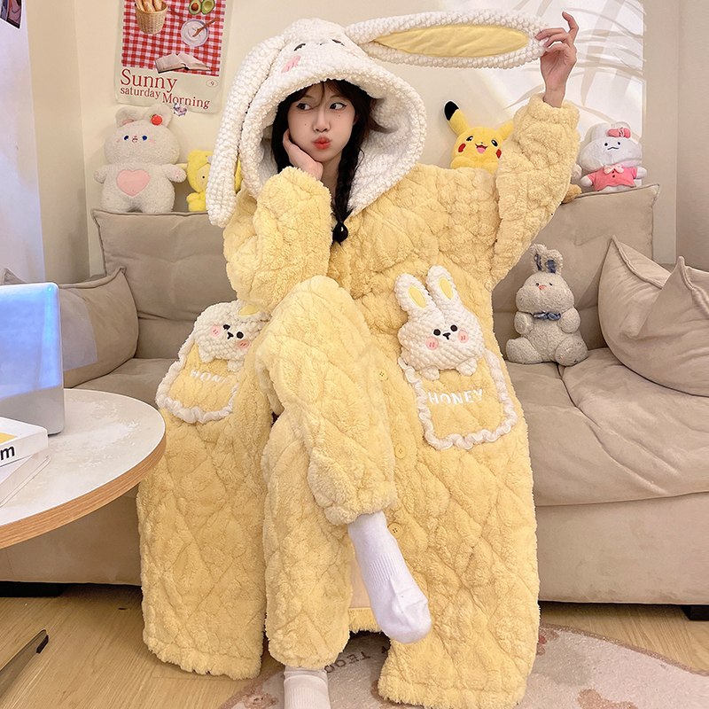 睡袍女秋冬季三层夹棉睡衣珊瑚绒加厚加绒可爱法兰绒2023新款套装