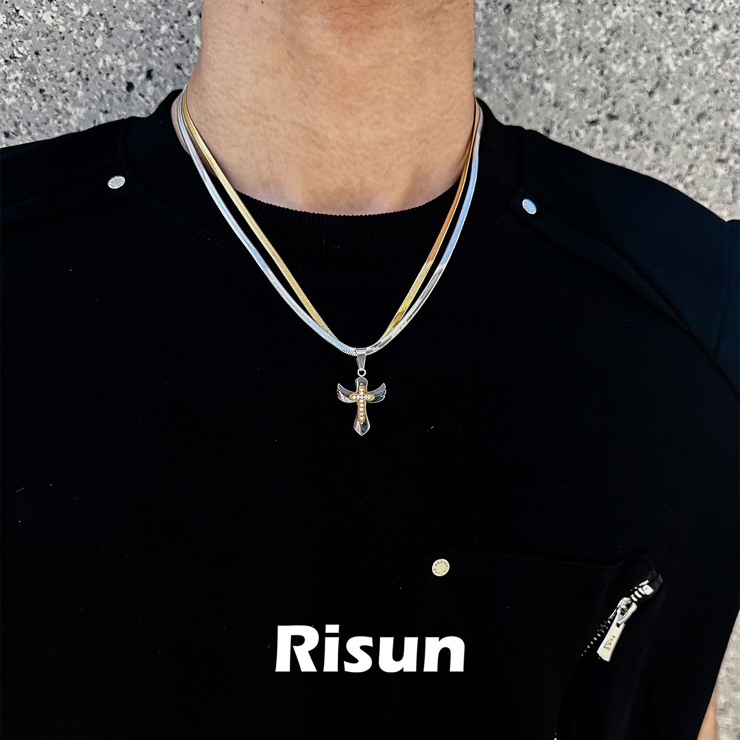 钛钢项链 双蛇骨链救赎之翼十字架吊坠高街个性配饰 45-50cm调节