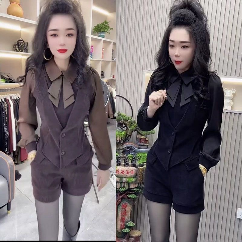 2024冬季新款时尚设计感气质显瘦长袖上衣+短裤加厚秋冬款套装