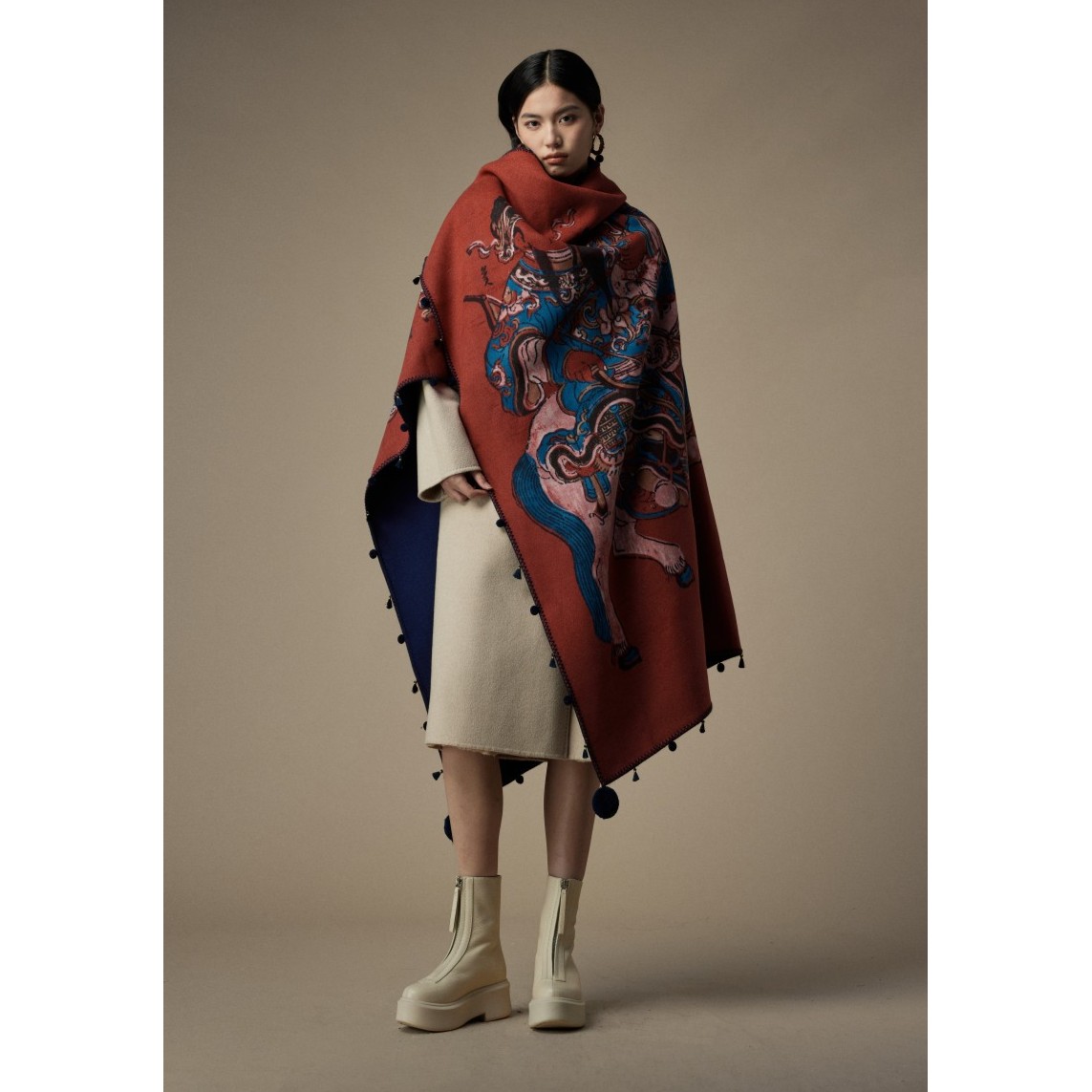 RONGYU绒郁定制毛球流苏绣边丝网印羊毛手工双面呢财神毛毯披肩