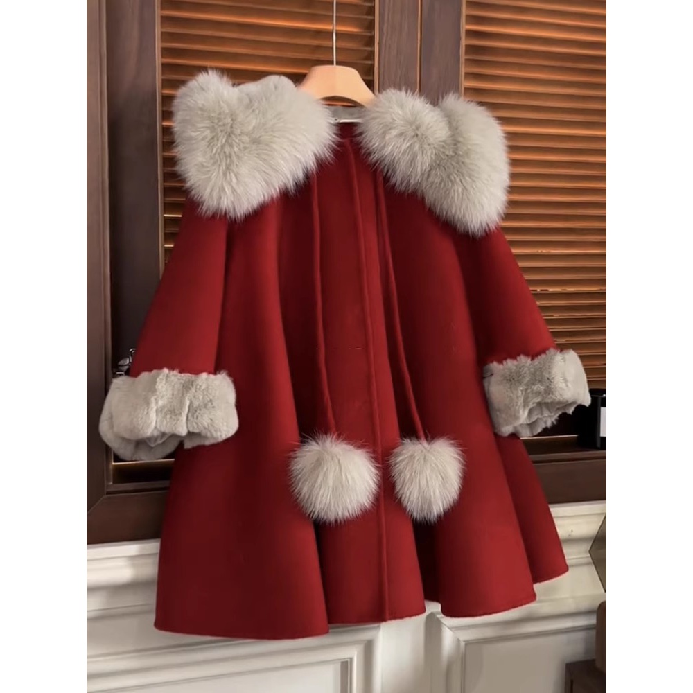 女童呢大衣秋冬2025新款儿童圣诞服装加绒外套女孩夹棉拜年服洋气