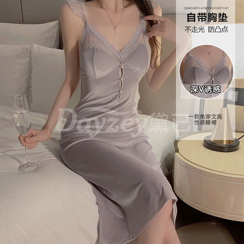 秋冬网红丝绒蕾丝透视性感露背胸垫镂空修身显瘦吊带爆款家居睡裙