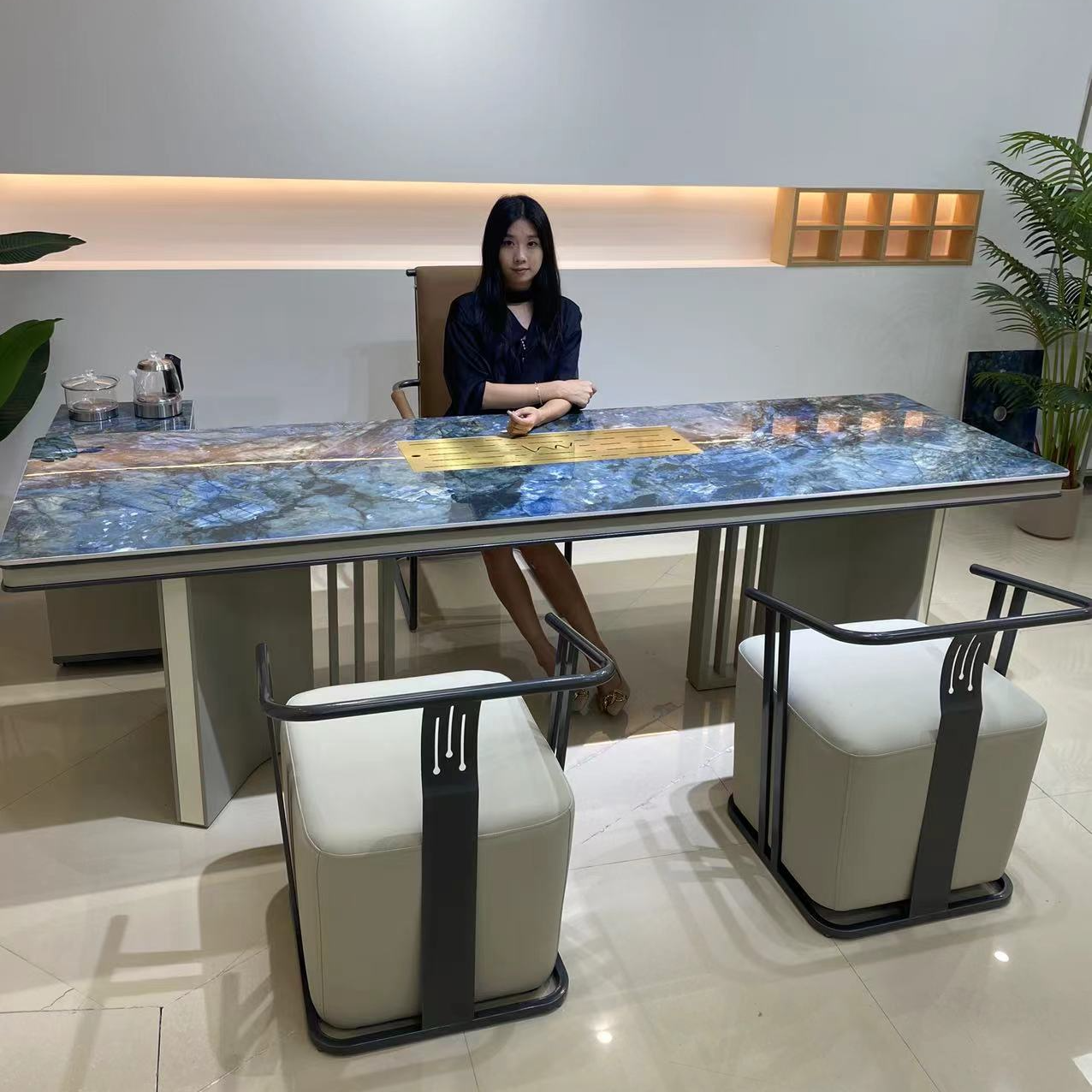 新中式奢石岩板茶台现代轻奢办公桌书桌高级感家用泡茶茶桌椅组合