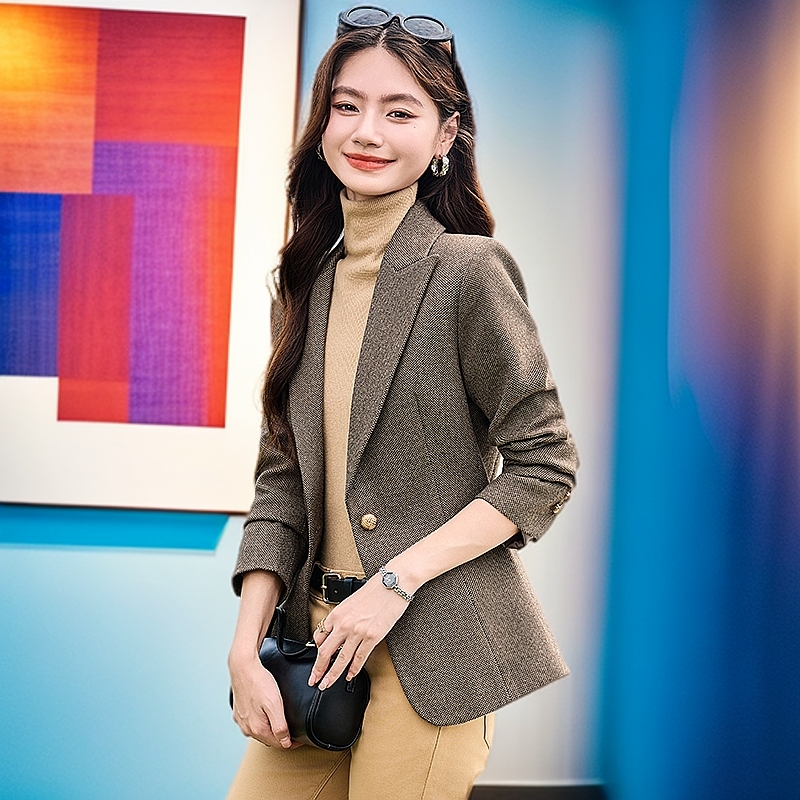 秋冬新款韩版时尚格子加厚毛呢外套长袖气质修身西服外套小西装