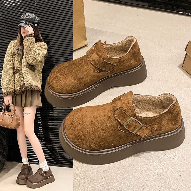 24冬季新款皮带扣加绒保暖厚底一脚蹬短筒靴外穿时尚百搭防滑棉鞋