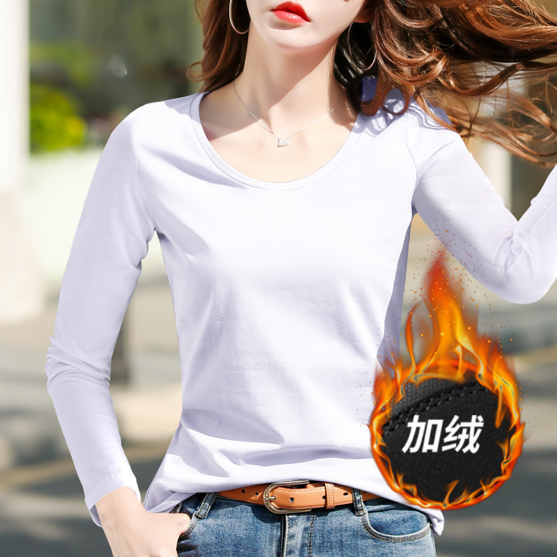 冬季白t恤显瘦宽松加绒加厚纯色保暖大码圆领百搭修身长袖女t恤