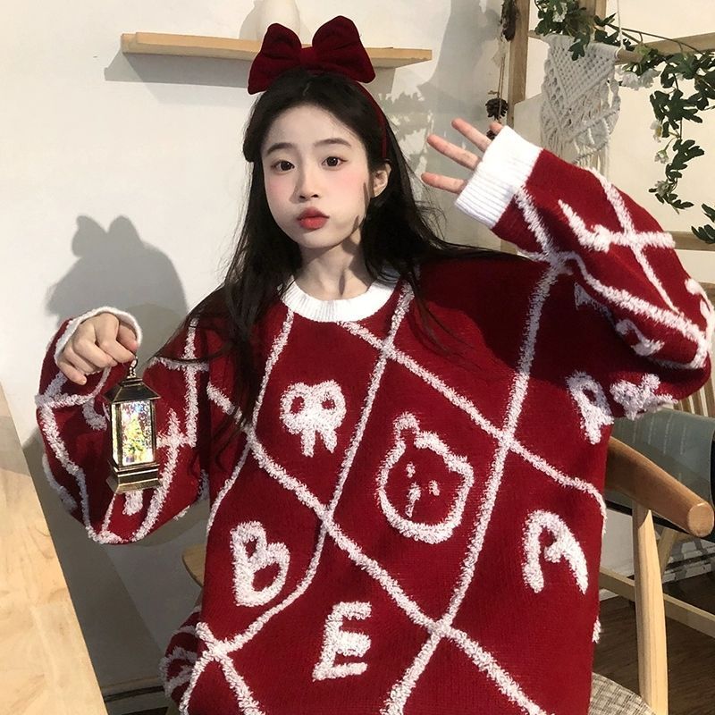 红色毛衣女秋冬慵懒风本命年宽松软糯套头复古提花洋气毛衣针织衫