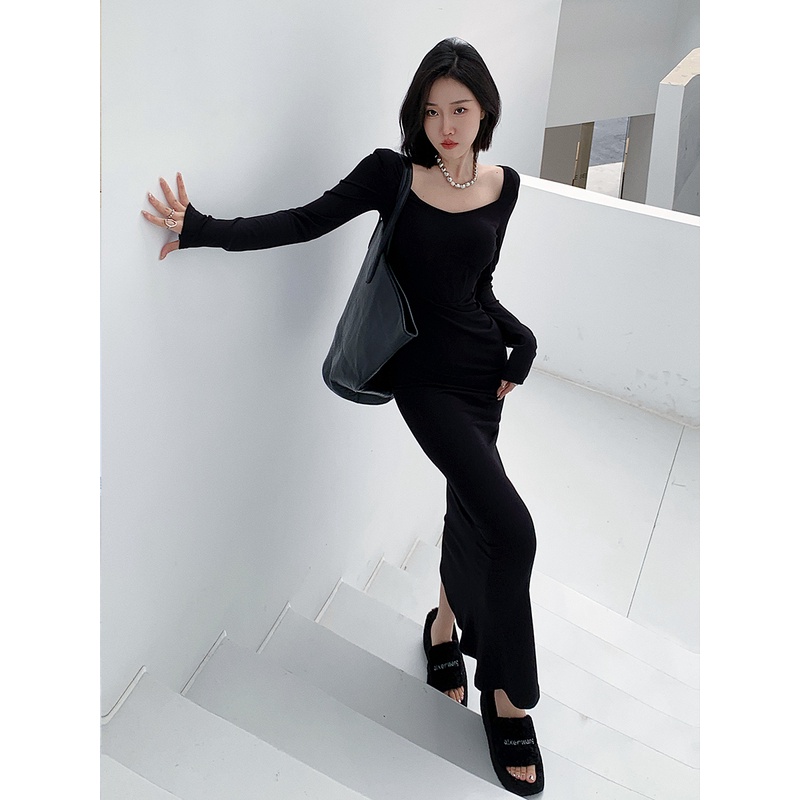十三粥私服 晚香黑玫瑰 时尚方领显瘦连衣裙女鱼骨织带收腰小黑裙