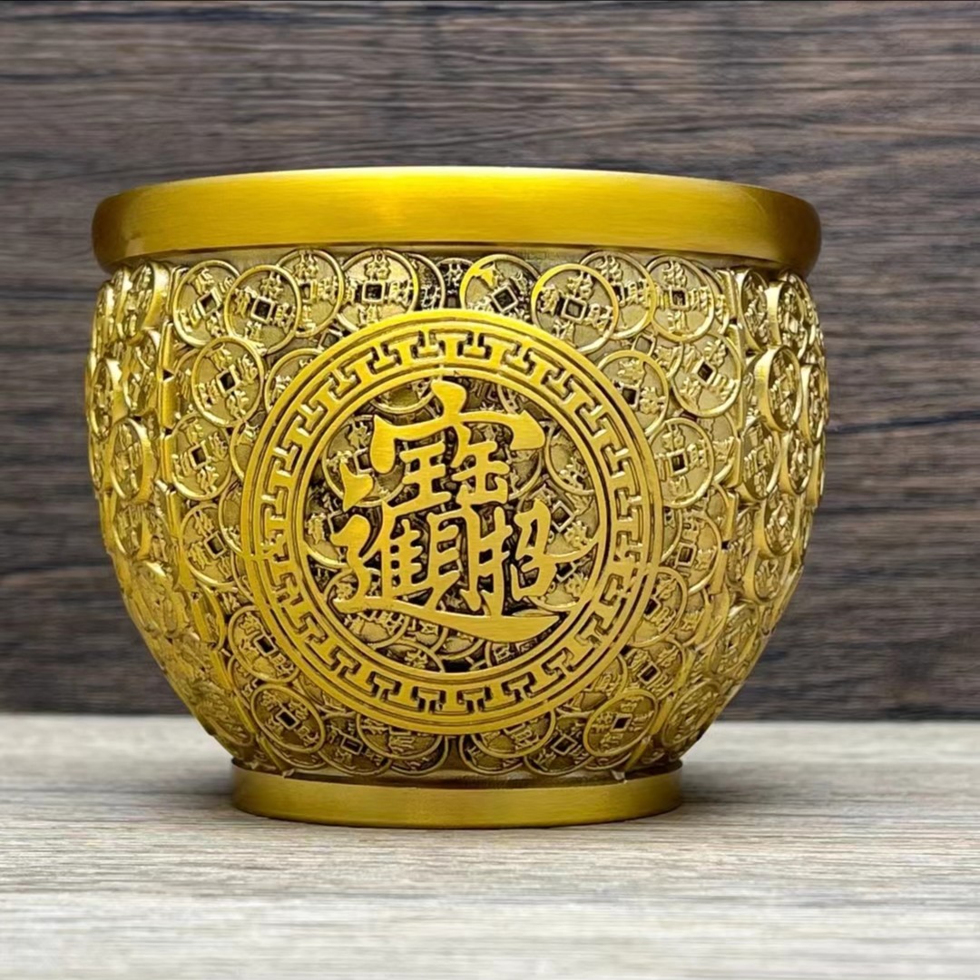 全黄铜米缸纯铜工艺品百福进宝缸办公室家居摆件聚米宝盆金钱摆件