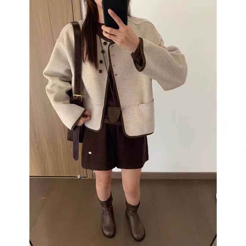 ZX490秋冬新款韩系氛围感圆领小香风双面毛绒大衣女短款外套